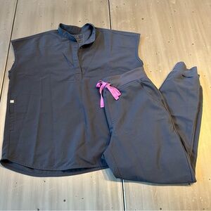 Figs Scrub Top and Jogger Set with Pink Drawstring